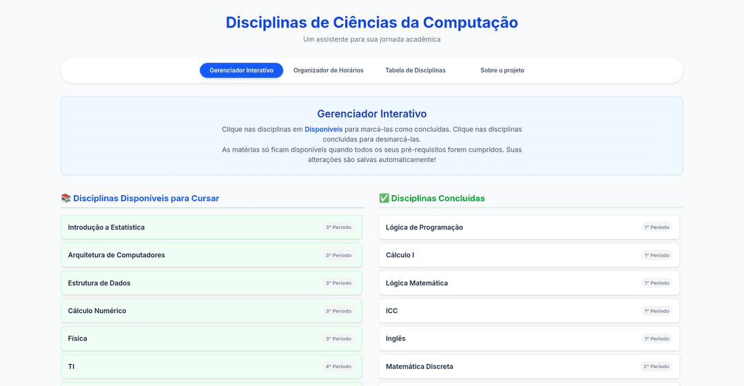 Screenshot do Organizador de Disciplinas - CC UVA